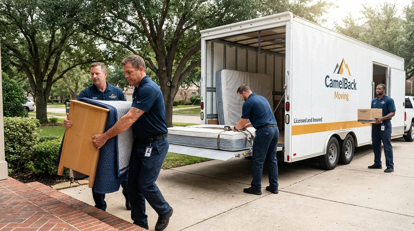 Crew loading residential truck for cross-state move from Waldport, OR