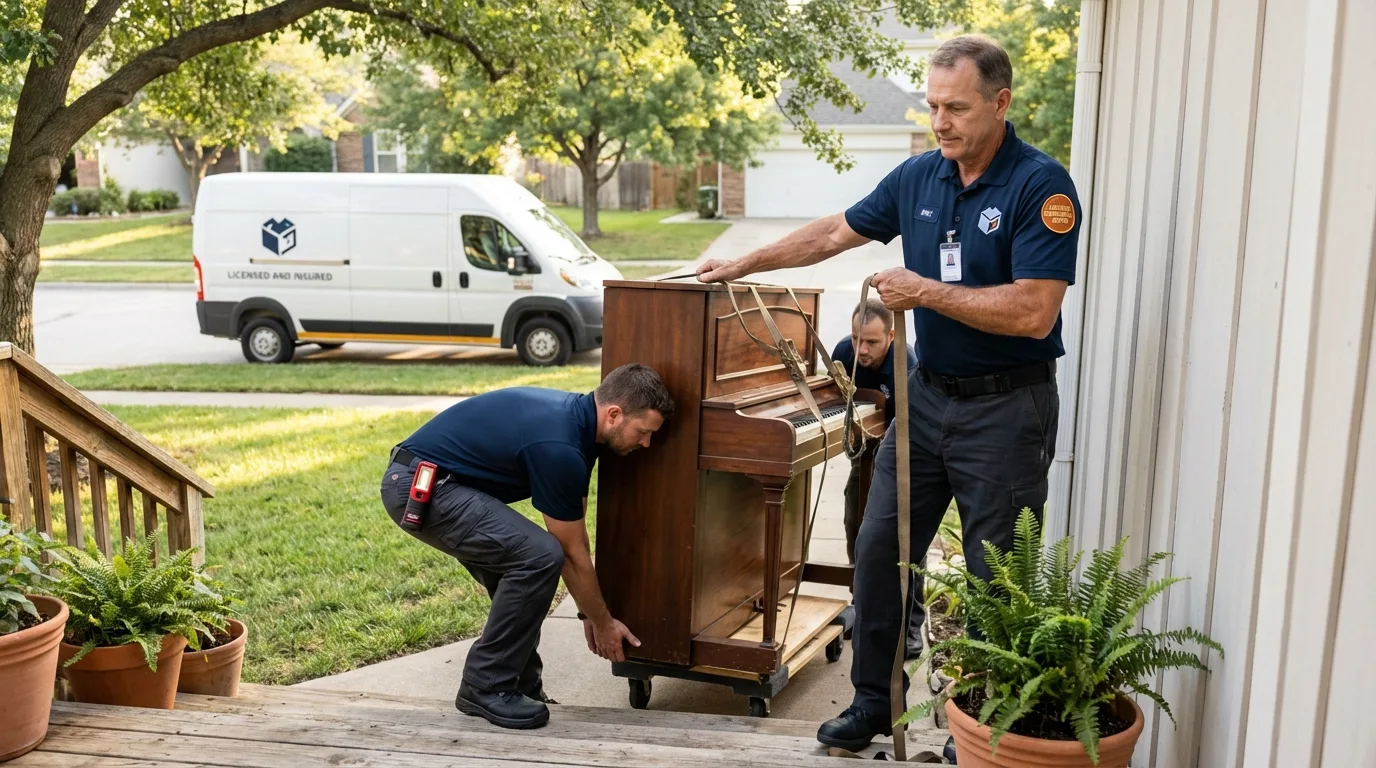 Licensed piano movers securing grand piano in Waldport, OR